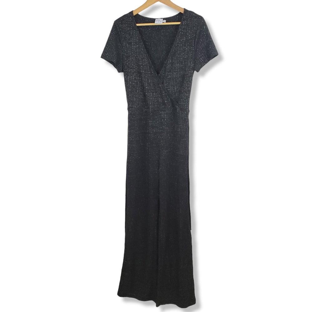 Princess Polly Grey/Black Metallic Ribbed Faux Wrap Jumpsuit Size 12